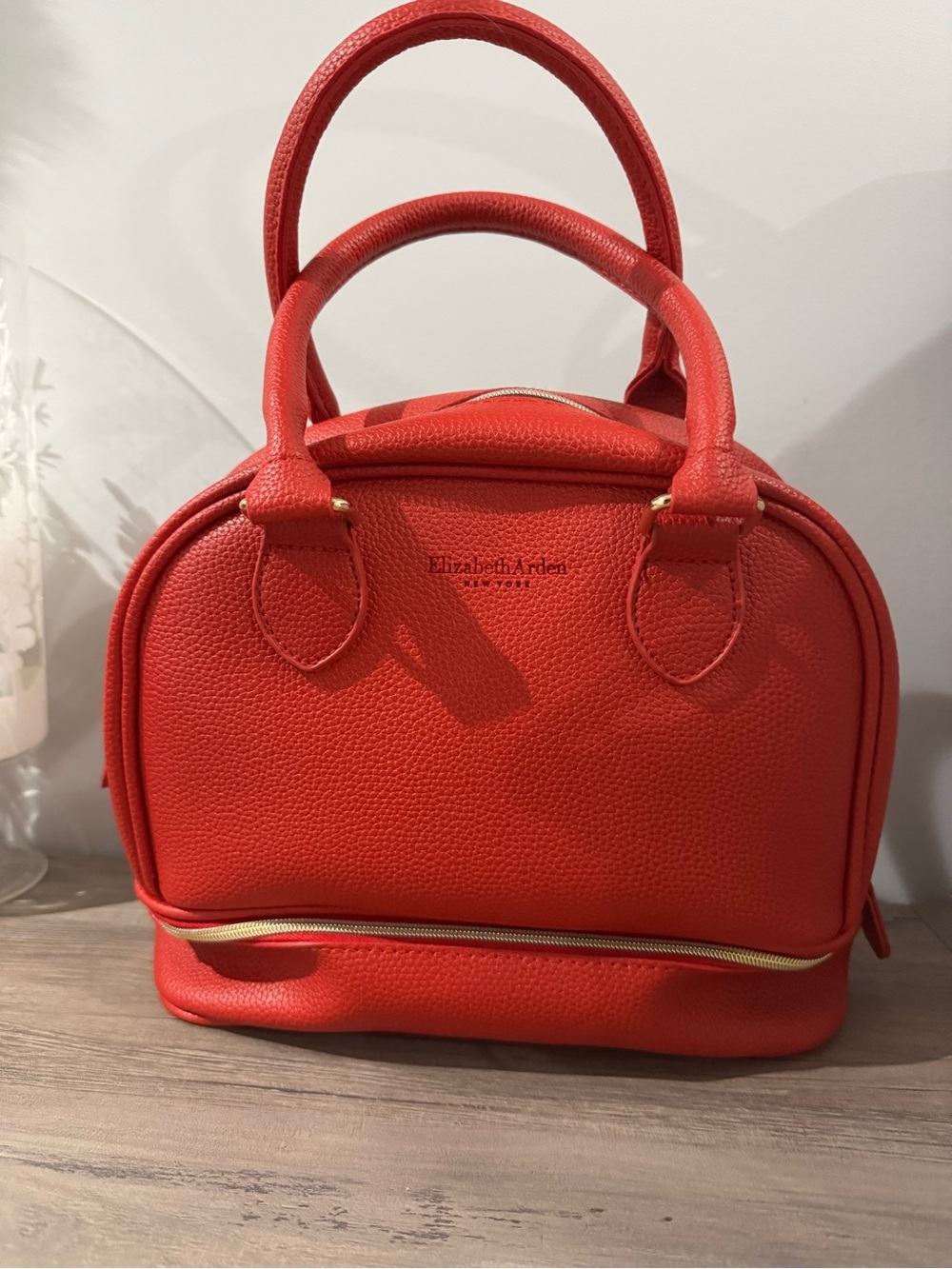 Elizabeth Arden Coral-Red Pebbled Leather Cosmetic Satchel